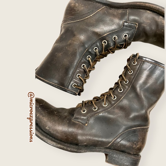 Frye Veronica Combat Distress Black Brown Tumbled Leather Laced Combat AnkleBoot - Picture 15 of 16